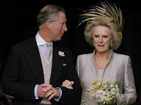 Charles and Camilla leave St. George's Chapel in Windsor following the church blessing of their civil wedding ceremony, on April 9, 2005.