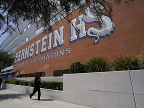 An exterior view of Bernstein High School, Wednesday, Sept. 14, 2022, in the Hollywood section of Los Angeles. A teenage girl died of an apparent overdose at the high school. On Wednesday, police were investigating three other possible fentanyl overdoses in the area, authorities said.