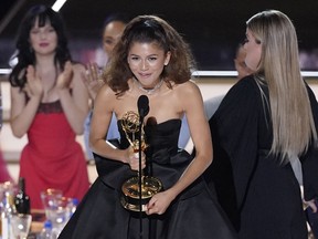 Zendaya accepts the Emmy for outstanding lead actress in a drama series for "Euphoria" at the 74th Primetime Emmy Awards on Monday, Sept. 12, 2022, at the Microsoft Theater in Los Angeles.