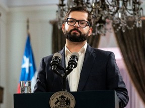 Chile’s President Gabriel Boric speaks about the results of the referendum at the government palace La Moneda in Santiago, Chile.