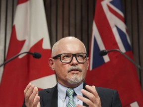 Dr. Kieran Moore, Ontario's Chief Medical Officer of Health speaks at a press conference at Queen's Park in Toronto on Monday, April 11, 2022.&ampnbsp;Moore says there is ample supply of the Omicron-targeted COVID-19 vaccine, even for people who won't be eligible for that shot until later this month.