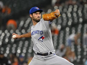 Toronto Blue Jays starting pitcher Mitch White throws during the first inning of the team's baseball game against the Baltimore Orioles, in Baltimore, Tuesday, Sept. 6, 2022. The Toronto Blue Jays have recalled right-hander Mitch White and named him the starter for Friday night's road game against the Tampa Bay Rays.