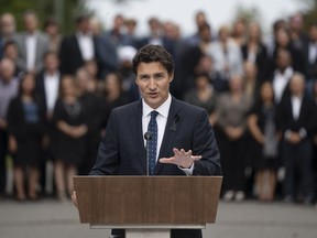 Prime Minister Justin Trudeau makes a speech during the Liberal summer caucus retreat in St. Andrews, N.B. on Monday, September 12, 2022.