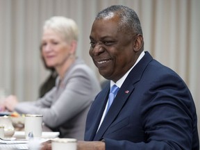 Secretary of Defense Lloyd Austin meets with Denmark's Defense Minister Morten Bodskov, not pictured, at the Pentagon in Washington, Thursday, Sept. 1, 2022.