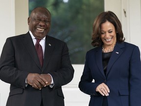 Vice President Kamala Harris greets South African President Cyril Ramaphosa at the Vice President's official residence in the U.S. Naval Observatory compound in Washington, Friday, Sept. 16, 2022.