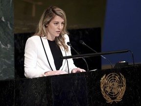 Minister for Foreign Affairs of Canada&nbsp;Melanie&nbsp;Joly addresses the 77th session of the United Nations General Assembly, Monday, Sept. 26, 2022, at the U.N. headquarters.