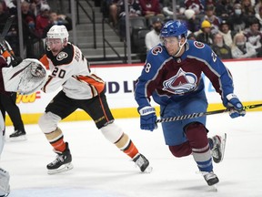 Colorado Avalanche defenseman Ryan Murray, front, pursues the puck with Anaheim Ducks left wing Nicolas Deslauriers in the second period of an NHL hockey game Wednesday, Nov. 24, 2021, in Denver. The Edmonton Oilers have signed defenceman Murray to a one-year contract.