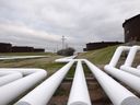 Pipelines run to the crude oil storage tanks of Enbridge Inc.  at their tank farm in Cushing, Oklahoma.