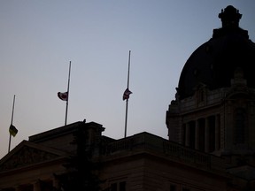 Flags were lowered at half-mast onto the Saskatchewan Legislative Building on Monday Sept. 5 after multiple stabbings left 10 dead and at least 15 injured in multiple locations in Saskatchewan on Sunday.