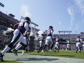 The Baltimore Ravens team enters the field during before an NFL football game against the Miami Dolphins, Sunday, Sept. 18, 2022, in Baltimore.