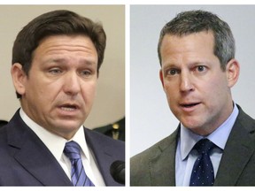 FILE - This combination of Thursday, Aug. 4, 2022 photos shows Florida Gov. Ron DeSantis, left, and Hillsborough County State Attorney Andrew Warren during separate news conferences in Tampa, Fla. On Friday, Sept. 2, DeSantis wants a federal judge to throw out a free speech lawsuit filed by Warren, he suspended from office over statements about not pursuing criminal charges in abortion, transgender rights and certain low-level cases.
