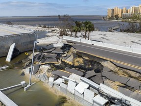 A section of the Sanibel Causeway was lost due to the effects of Hurricane Ian Thursday, Sept. 29, 2022, in Fort Myers, Fla.