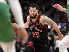 Toronto Raptors guard Fred VanVleet (23) drives the ball down court during second half NBA basketball action against the Boston Celtics, in Toronto, Monday, March 28, 2022. Fred VanVleet vows he'll be smarter with his body and more conscientious of his playing time this season.THE CANADIAN PRESS/Frank Gunn