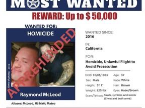 In this image released by the U.S. Marshals Service is the wanted poster for Raymond McLeod who has been apprehended. The U.S. Marshals Service says the Arizona man wanted for the killing of his girlfriend in San Diego in 2016 has been captured in El Salvador. The service says 37-year-old Raymond McLeod was taken into custody Monday, Aug. 29, 2022, by local law enforcement and confirmed his identity to accompanying U.S. authorities. (U.S. Marshals Service via AP)