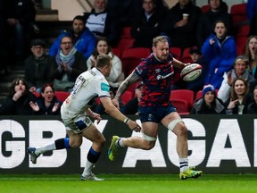 Bristol Bears' Mitch Eadie, right, scores a try during a Premiership Rugby Cup game against Bath Rugby, in Bristol, U.K., in a March 18, 2022, handout photo. The Toronto Arrows have signed former Bristol Bears forward Mitch Eadie for the 2023 Major League Rugby season.