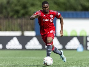 Hugo Mbongue is seen during practice in an undated handout photo. Hugo Mbongue's sixth-minute goal helped Toronto FC II to a 1-0 win over the Philadelphia Union II, moving the TFC reserve side into the Eastern Conference final of the MLS Next Pro league.