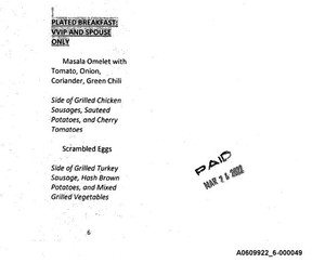 Instructions from an RCAF flight attendant to an in-flight catering company, including specific instructions on plate breakfast options for Governor General Mary Simon and husband Whit Fraser during their week-long trip to Expo 2020 in Dubai earlier this year.