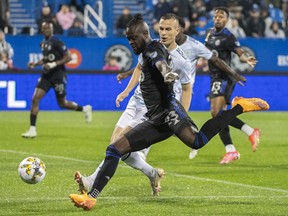 CF Montreal's Kei Kamara (23) takes a shot on Chicago Fire's goal during first half MLS soccer action in Montreal, Tuesday, September 13, 2022.