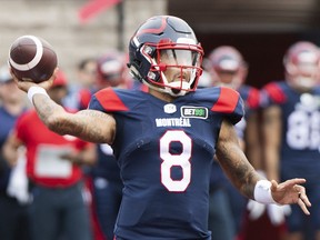 Montreal Alouettes quarterback Vernon Adams Jr., throws a pass during first half CFL football action against the Ottawa Redblacks in Montreal, Monday, October 11, 2021.
