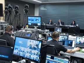 Commissioners Leanne Fitch, Michael MacDonald, chair, and Kim Stanton, left to right, conduct a virtual session on contemporary community policing, safety and well-being, at the Mass Casualty Commission inquiry into the mass murders in rural Nova Scotia on April 18/19, 2020, in Halifax on Wednesday, Sept. 7, 2022. Gabriel Wortman, dressed as an RCMP officer and driving a replica police cruiser, murdered 22 people.