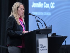 Commission counsel Jennifer Cox addresses the Mass Casualty Commission inquiry into the mass murders in rural Nova Scotia on April 18/19, 2020, in Halifax on Monday, Aug. 29, 2022.
