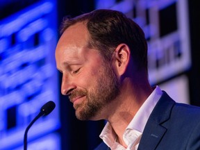 Leader of the Saskatchewan New Democratic Party Ryan Meili pauses during his speech at the party's leadership convention in Regina, on Sunday, June 26, 2022.