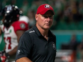Ottawa Redblacks head coach Paul LaPolice walks off the field after CFL football action against the Saskatchewan Roughriders, in Regina, Friday, July 8, 2022.&ampnbsp;For the first time this season, Ottawa (3-8-0) is riding a two-game winning streak and would love nothing more than to extend that streak and finally give Redblacks fans an elusive home win, when they host the Toronto Argonauts on Saturday.