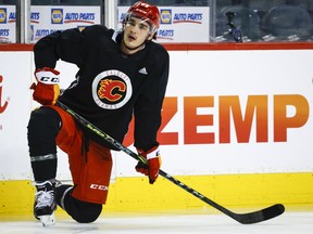 Calgary Flames forward Adam Ruzicka rests during team practice in Calgary on May 19, 2022. The Flames have re-signed Slovak Ruzicka to a two-year contract worth US$1.525 million.