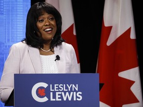 Leslyn Lewis speaks at the Conservative Party of Canada English leadership debate in Edmonton, Alta., Wednesday, May 11, 2022.THE CANADIAN PRESS/Jeff McIntosh