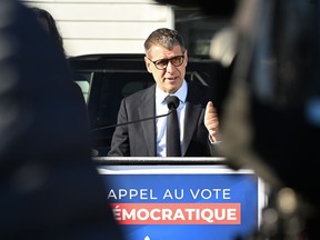 Quebec Conservative Leader Éric Duhaime speaks at a news conference, calling on people to vote, Friday, Sept. 30, 2022, in Quebec City.