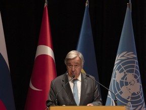 United Nations Secretary General Antonio Guterres, speaks to the media during a press conference at the Joint Coordination Center in Istanbul, Turkey, Saturday, Aug. 20, 2022. United Nations Secretary General Antonio Guterres on Saturday praised the "remarkable and inspiring operation" that has seen some 650,000 metric tons of grain and other food shipped from Ukraine.
