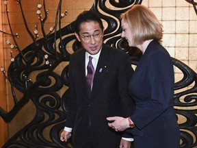British Prime Minister Liz Truss meet Japan's Prime Minister Fumio Kishida ahead of a lunch bilateral in New York, Tuesday, Sept. 20, 2022.
