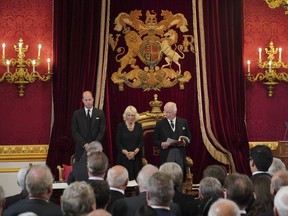 Britain's Prince William, Camilla the Queen Consort and King Charles III during the Accession Council at St James's Palace, London.