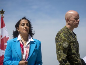 Minister of Defence Anita Anand attend a military announcement at Canadian Forces Base Trenton in Trenton, Ont., on Monday June 20, 2022.&ampnbsp;The Liberal government is defending the military's vaccine requirement for Canadian Armed Forces members as necessary for protecting Canadians and allies alike.