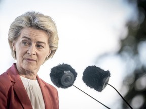 EU Commission President Ursula von der Leyen attends a press conference after a meeting during the Baltic Sea Energy Security Summit at Marienborg, north of Copenhagen, Tuesday Aug. 30, 2022.