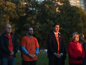 Prime Minister Justin Trudeau takes part in a sunrise ceremony to mark the National Day of Truth and Reconciliation in Niagara Falls, Ont. on Friday, September 30, 2022.