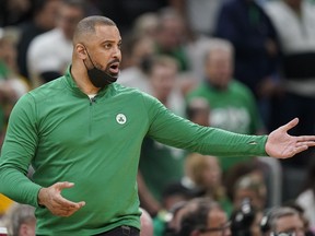 FILE - Boston Celtics coach Ime Udoka reacts during the fourth quarter of Game 6 of basketball's NBA Finals against the Golden State Warriors, Thursday, June 16, 2022, in Boston. The Boston Celtics are planning to discipline coach Ime Udoka, likely with a suspension, because of an improper relationship with a member of the organization, two people with knowledge of the matter told The Associated Press on Thursday, Sept. 22, 2022.