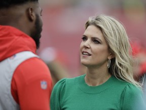 FILE - Fox Sports reporter Melissa Stark is shown before an NFL football game between the Tampa Bay Buccaneers and the Houston Texans, Saturday, Dec. 21, 2019, in Tampa, Fla. Twenty years after leaving the "Monday Night Football" to start a family, Melissa Stark is back as a sideline reporter. Stark will be on the sidelines for NBC's "Sunday Night Football" package and Thursday night's regular-season opener between the defending Super Bowl champion Los Angeles Rams and Buffalo Bills.