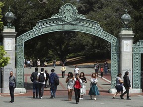FILE - Students walk past Sather Gate on the University of California at Berkeley campus on May 10, 2018, in Berkeley, Calif. President Joe Biden's student loan forgiveness plan, announced in Aug. 2022, could lift crushing debt burdens from millions of borrowers. However, the tax man may demand a cut of the relief in some states, as some states tax forgiven debt as income.