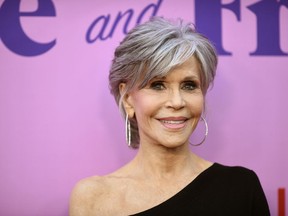 FILE - Jane Fonda arrives at the Season 7 final episodes premiere of "Grace and Frankie," on April 23, 2022, at NeueHouse Hollywood in Los Angeles. The 84-year-old actor said in an Instagram post Friday, Sept. 2, 2022, that she has been diagnosed with non-Hodgkin lymphoma and has begun a six-month course of chemotherapy.