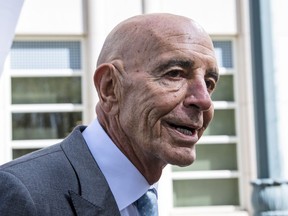 Tom Barrack exits Brooklyn Federal Court on Tuesday, Sept. 20, 2022, in New York. Potential jurors in the criminal trial of Donald Trump's inaugural committee chair Tom Barrack have been quizzed by the judge on a tricky topic: What do they think of the former president?