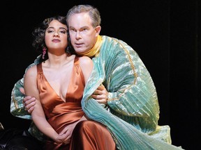 Soprano Amina Edris, left, and bass-baritone Gerald Finley as the title characters in an early rehearsal of John Adams' "Antony and Cleopatra," premiering Sept. 10 at the San Francisco Opera.