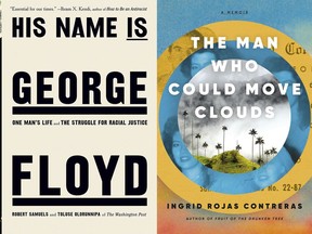 This combination of book covers shows National Book Award nominees "Lost & Found: A Memoir" by Kathryn Schulz, from left, "His Name Is George Floyd: One Man's Life and the Struggle for Racial Justice" by Robert Samuels and Toluse Olorunnipa, "The Man Who Could Move Clouds" by Ingrid Rojas Contreras and "Ted Kennedy: A Life" by John A. Farrell. (Random House/Viking/Doubleday/Penguin Press via AP)