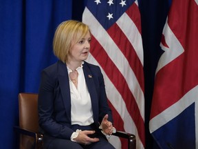 British Prime Minister Liz Truss speaks as she meets with President Joe Biden during the 77th session of the United Nations General Assembly on Wednesday, Sept. 21, 2022, at the U.N. headquarters.
