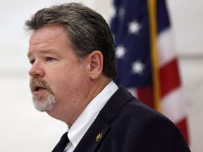 FILE - Sen. Alan Clark, R-Lonsdale, speaks during a news conference at the Arkansas state Capitol in Little Rock, Ark., Aug. 10, 2015. On Tuesday, Sept. 27, 2022, the majority-Republican Arkansas Senate approved its ethics committee's recommendation to suspend Clark for the rest of the 93rd General Assembly, which ends on Jan. 8, 2023.