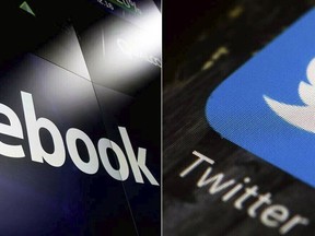 FILE - This combination of photos shows logos for social media platforms Facebook and Twitter. A federal appeals court on Friday, Sept. 16, 2022, ruled in favor of a Texas law targeting major social media companies like Facebook and Twitter in a victory for Republicans who accuse the platforms of censoring conservative speech. (AP Photo/File)
