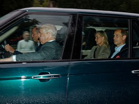 Left to right: Prince William, Duke of Cambridge, Prince Andrew, Duke of York, Sophie, Countess of Wessex and Edward, Earl of Wessex arrive to see Queen Elizabeth at Balmoral Castle on Sept. 8, 2022 in Aberdeen, Scotland.
