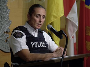 Assistant Commissioner Rhonda Blackmore speaks during a press conference at RCMP "F" Division Headquarters in Regina on Wednesday Sept. 7, 2022. Saskatchewan RCMP say they have located a vehicle they believe was used by a suspect in a mass stabbing.THE CANADIAN PRESS/Michael Bell