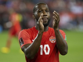 Canada's Junior Hoilett applauds the fans during his team's 3-0 win over El Salvador in World Cup qualifying action in Toronto, on Wednesday, September 8, 2021. With Atiba Hutchinson out injured, Junior Hoilett will captain Canada against Qatar on Friday in Vienna in the first of two international friendlies for John Herdman's team in FIFA's September international window.