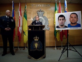 Assistant Commissioner Rhonda Blackmore speaks while Regina Police Chief Evan Bray, left, looks on during a press conference at RCMP Headquarters in Regina on Sept. 4.